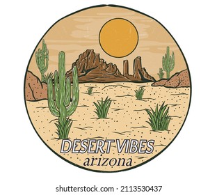 Desert vibes with mountain print design for t shirt, poster, sticker, background and other uses. 