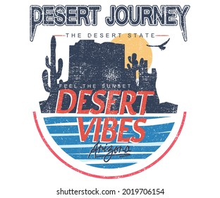 Desert vibes with mountain vector design. Arizona journey graphic t shirt print. Adventure at the joshua tree and cactus sticker artwork.