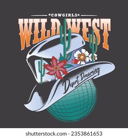 desert vibes for natural wild west, boots, cactus, flowers in cowgirl, Retro Cowgirl boots and hat. Colorful retro shooting stars. T-shirt or poster design of wild side. illustration of Cowgirl boot 