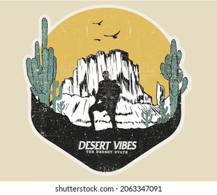 Desert vibes with people and cactus retro graphic artwork for t shirt and others. Mountain  vintage hand sketch print design. 