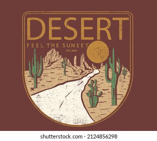 Desert vibes print deign for t shirt, poster, batch, and others. Arizona desert vector artwork design.