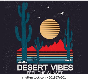 Desert vibes retro t shirt design. Cactus tree vector artwork. Arizona outing colorful hand sketch print for anything.