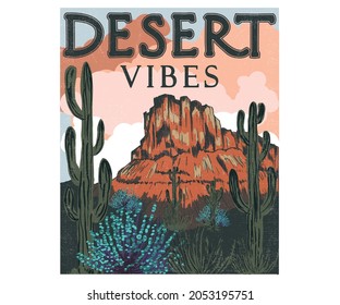 Vibes del desierto retro diseño gráfico de camisetas impresas. Montaje de pintura digital de mano para prendas de vestir, pegatinas, afiches y otros. 