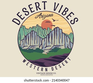 Desert vibes sunset vector illustration print design for t shirt, poster, sticker, background and others.