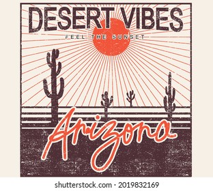 Desert vibes with sunshine vector t shirt design. Arizona cactus artwork for any kind of print.