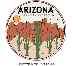 Desert vibes t shirt design. Cactus vector artwork for apparel. Arizona travel hand drawn sticker .