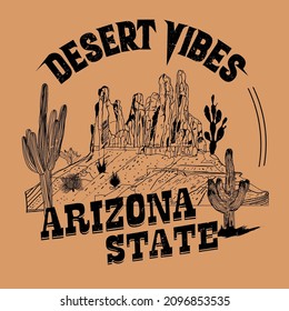 Desert vibes  t-shirt design, vintage illustration for t-shirt print design, background, label or sticker. Vector illustration.