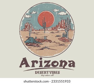 Vector de vibraciones del desierto. Diseño de camiseta vectorial de línea Arizona Cactus. obras de arte de las vibraciones del desierto. Diseño vintage de montaña.