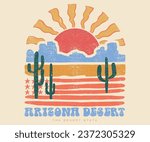 Desert vibes vector graphic print design for t-shirt, stickers, posters, wall art, background and others. Arizona desert modern art vector design. Cactus with flower. Sunset time.