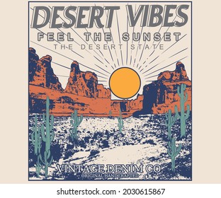 Desert vibes vector graphic print design for apparel, sticker, poster, background and others. Western outdoors vintage artwork.