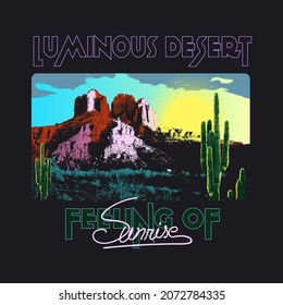 Desert vibes vector graphic print design for apparel, stickers, posters, background and others. Outdoor western vintage artwork. Arizona desert t-shirt design