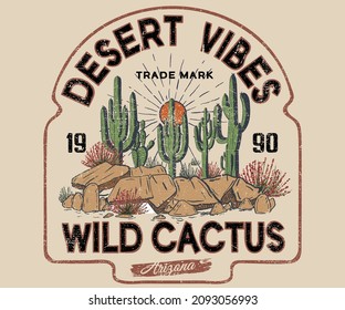 Desert vibes vector graphic print for fashion. Cactus artwork for apparel, t shirt, sticker, poster, wallpaper and others.	