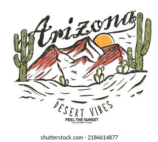 Diseño de impresión gráfica vectorial de vibraciones del desierto para prendas de vestir, pegatinas, afiches, fondo y otros. Diseño artístico de camisetas de aventura de Arizona. Obra de arte de época.	