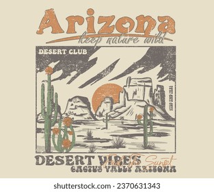 Desert vibes vector graphic print design for t-shirt, stickers, posters,  wall art, background and others. Arizona vintage desert dreams vector design. Sunset the Desert Vibes in Arizona. illustrat3.