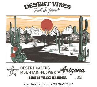 Diseño gráfico vectorial de vibes del desierto para camisetas, pegatinas, afiches, arte mural, fondo y otros. Diseño vintage de vectores de sueños del desierto de Arizona. Valle de cactus. 