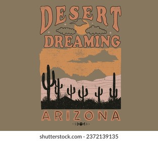 Desert vibes vector graphic print design for t-shirt, stickers, posters, wall art, background and others. Desert dreaming vintage vector design. Sun, moon and star artwork.