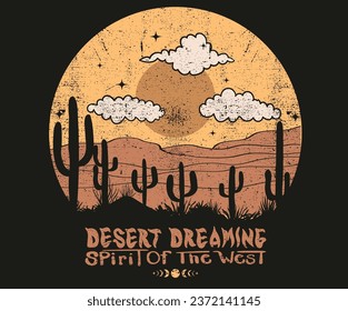  Desert vibes vector graphic print design for t-shirt, stickers, posters, wall art, background and others. Desert dreaming vintage vector design. Sun, moon and star artwork.