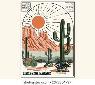 Diseño gráfico vectorial de vibes del desierto para camisetas, pegatinas, afiches, arte mural, fondo y otros. Diseño vintage de vectores de sueños del desierto de Arizona. ilustrat3. Cactus con flor.