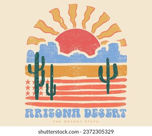 Desert vibes vector graphic print design for t-shirt, stickers, posters, wall art, background and others. Arizona desert modern art vector design. Cactus with flower. Sunset time.