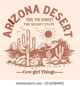 Desert vibes Vektorgrafik T-Shirt Print-Design , Print-Design für Bekleidung, Vintage Style Arizona Desert Sunset mit Text und Kakteen