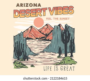 Desert vibes vector print design for t shirt, sticker and others. Cactus wild artwork design.