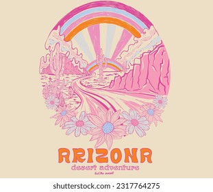 Diseño de camisetas vectoriales de vibraciones del desierto. Ilustración de gráficos de montaña del desierto. Siente el diseño de la puesta de sol. Cactus y flor primaveral. Montaña colorida. 