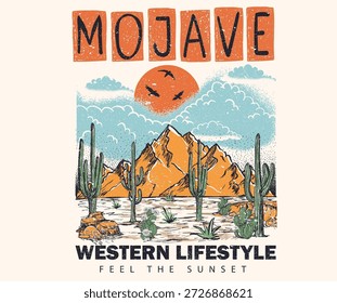Diseño de camiseta de Vector Desert Vibes. Obra de arte de impresión de gráficos de montaña del desierto. Siente el diseño del atardecer. Mojave, diseño de Vector del sur de California.