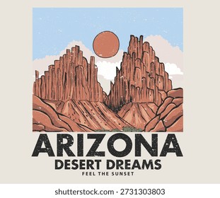 Wüste vibes Vektor T-Shirt Design. Grafiken für den Wüstenbergdruck. Spüren Sie das Design des Sonnenuntergangs. Arizona Wüste Träume Kunstwerk.