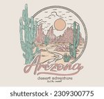 Desert vibes vintage print design for t shirt, poster, sticker, batch, embroidery and others. Arizona road trip vector artwork. Cactus tree.	