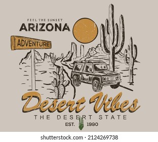 Desert vibes vintage print design for t shirt, poster, sticker, batch, embroidery and others. Wilderness road trip vector artwork.  