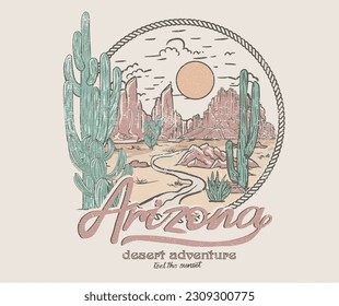 Diseño de impresión vintage de vibraciones del desierto para camisetas, afiches, pegatinas, lotes, bordados y otros. Obra vectorial de viaje por carretera de Arizona. Árbol de cactus.	