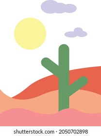 Desert view with cactus, sun and cloud