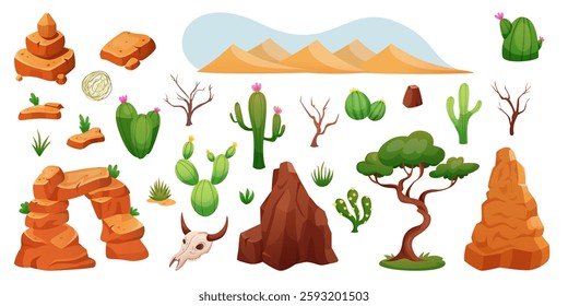 Desert view cartoon. Cactus plant. Summer sky. Mountain rock. Bare tree. Dry land. Sahara sandstone. Nature landscape. Wild west game. Animal skull. Arizona scenery. Vector wilderness element tidy set