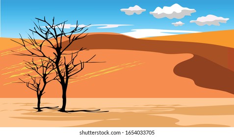 desert view with dry tree and blue sky for background illustration and image
