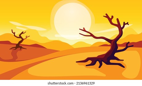 Desert view with dry tree and sunny sky. Sunrise or Sunset. stylized vector illustration of a desert landscape with dead trees.