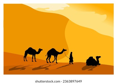 desert view during the day, with the object of a camel walking with its owner, landscape background, vector, illustration, art.