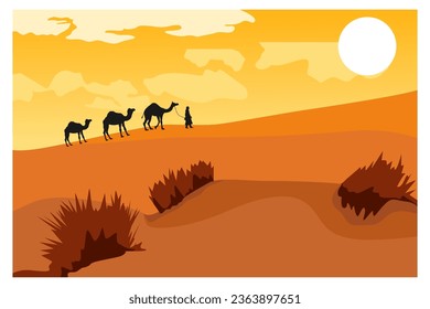 desert view during the day, with the object of a camel walking with its owner, landscape background, vector, illustration, art.