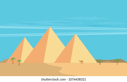 Desert View Egypt Pyramids Flat Vector Illustration