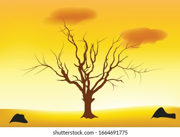 Desert view of lonely Dry tree scene. vector nature landscape. background illustration 