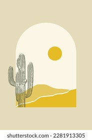Desert view minimalist abstract aesthetic illustration. Bohemian style wall decor. Contemporary artistic poster.
