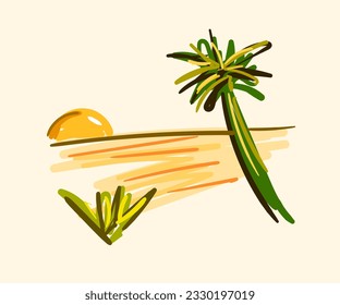 Wüstenblick auf den Hügel. Die Hälfte der Sonne erhebt sich hinter den Bergen. Handgezeichnetes Vektorgrafik-Sondersymbol. Logos, Banner