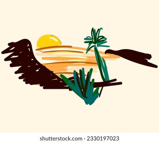 Desert view on the hill. Half the Sun rises behind the mountains. Hand drawn vector illustration special icon. Logos, banners