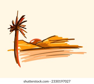 Desert view on the hill. Half the Sun rises behind the mountains. Hand drawn vector illustration special icon. Logos, banners