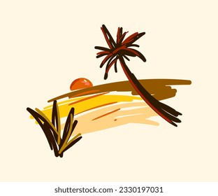 Wüstenblick auf den Hügel. Die Hälfte der Sonne erhebt sich hinter den Bergen. Handgezeichnetes Vektorgrafik-Sondersymbol. Logos, Banner