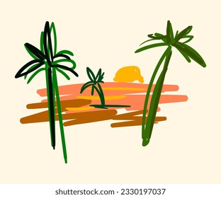 Desert view on the hill. Half the Sun rises behind the mountains. Hand drawn vector illustration special icon. Logos, banners