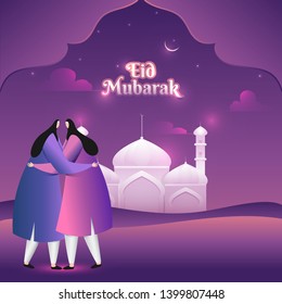 Desert view poster or banner design with illustration of Islamic woman in front of mosque for Eid Mubarak Celebration.