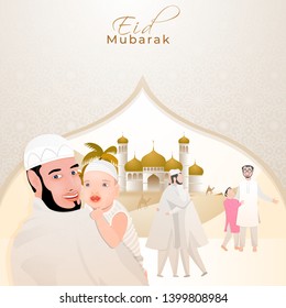 Afiche de vista del desierto o diseño de pancartas con ilustración del pueblo islámico frente a la mezquita para la celebración de Eid Mubarak.