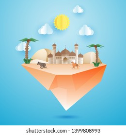Desert view poster or banner design with mosque for Eid Mubarak Celebration.