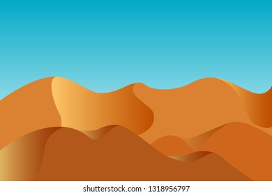 Desert view. Yellow dunes and blue sky. Copy space. Vector illustration.