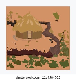 ilustración vectorial de la casa de barro de la aldea desierta con bello begonio hecho de paja de arcilla y caña